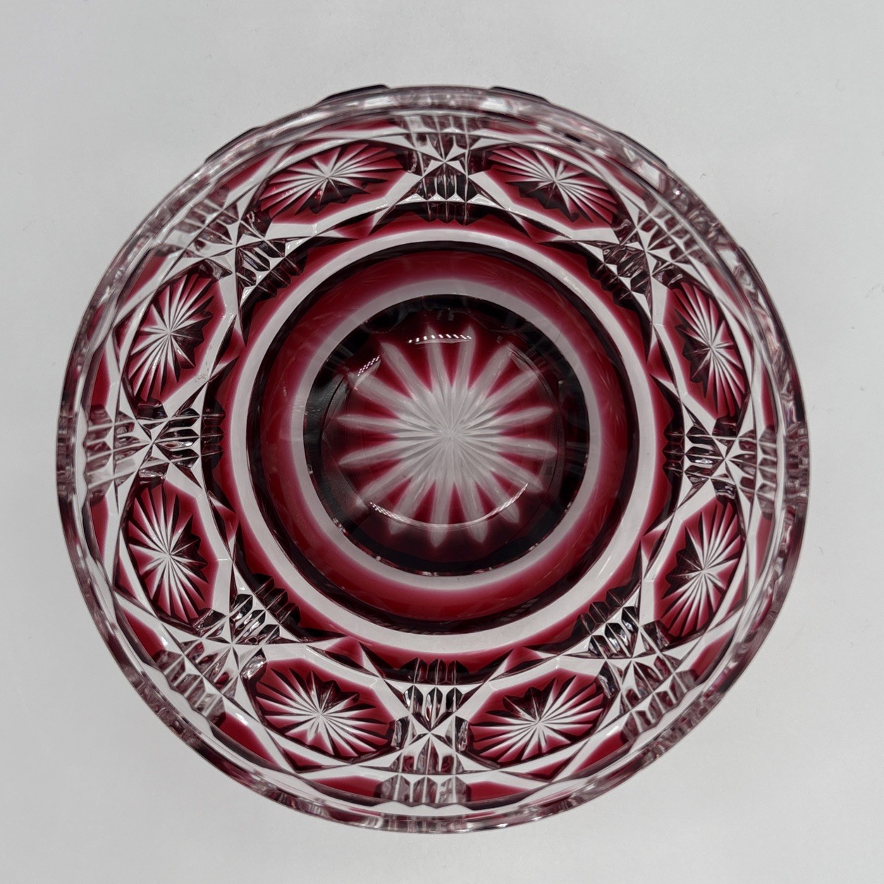 Satsuma Kiriko Sake Cup Bowl large Cut Glass Red Clear Signed Shimadzu