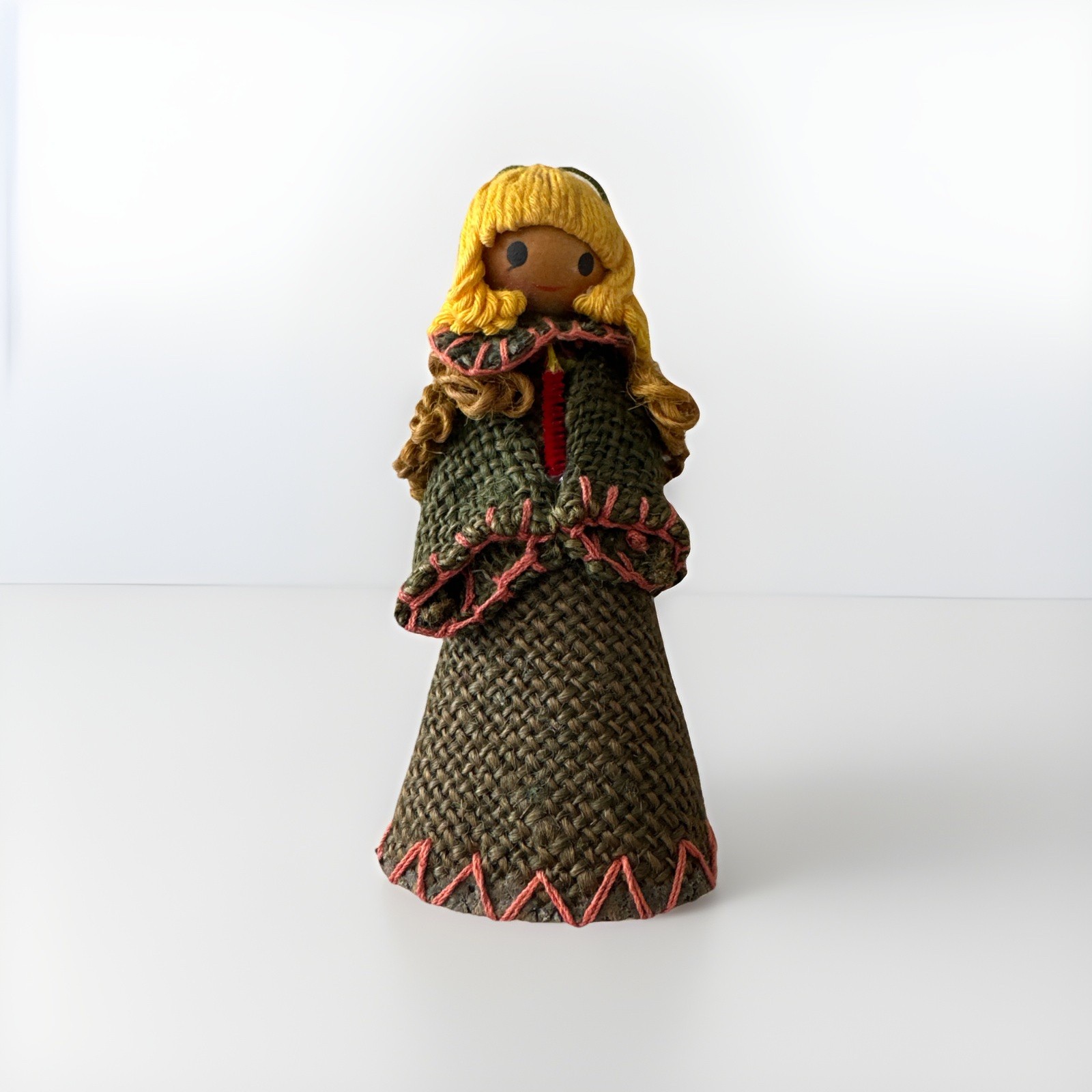 Vintage Burlap paper mache angel holding candle 70’s Christmas ornament