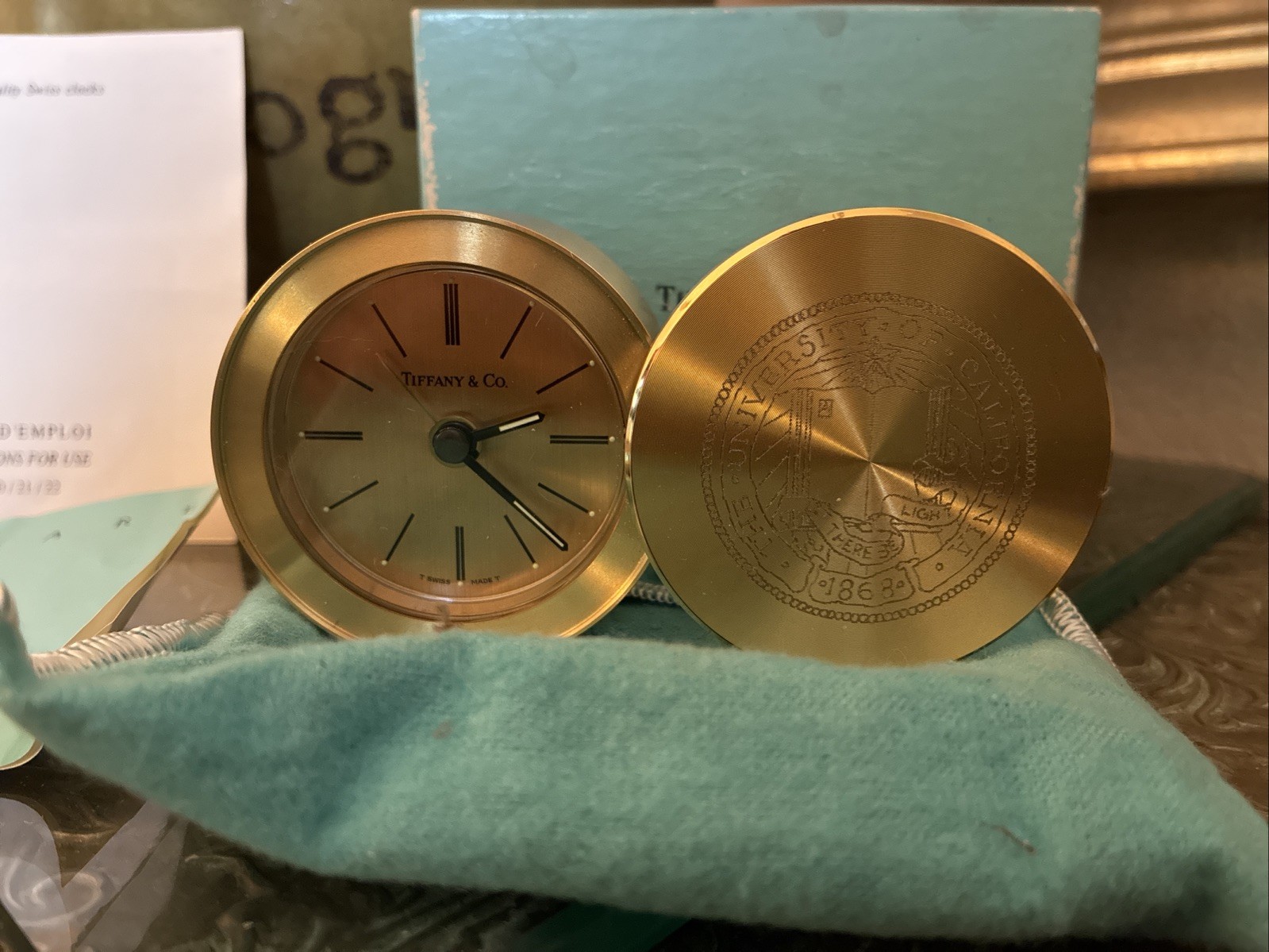 Tiffany & Co. Solid Brass Travel Swivel Clock – University of California + Box