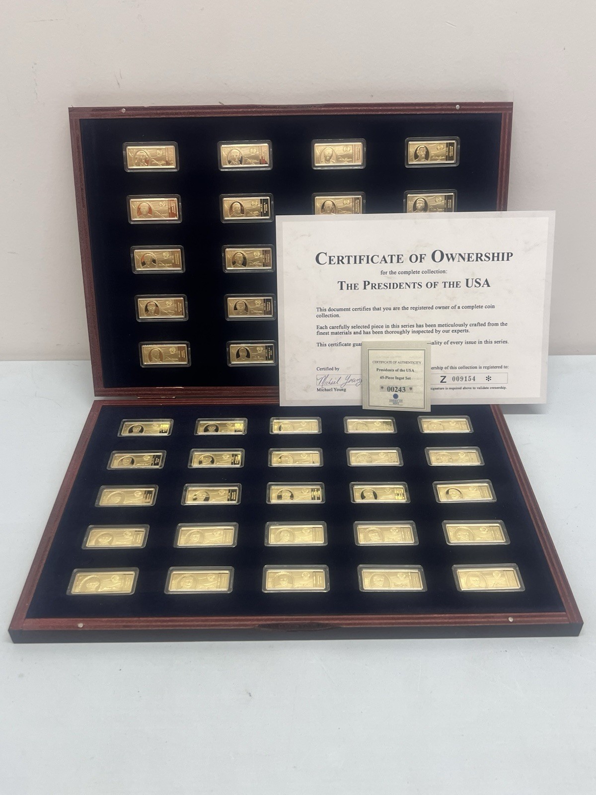 American Mint Presidents of The USA – CU/24k Gold Plated – 45 Ingot Set