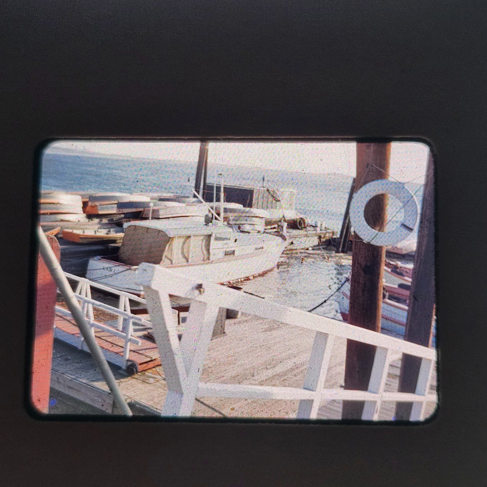 Vintage 35mm Photo Slide Boat Docked w/ Stacked Row Boats 1960s – Found Photo