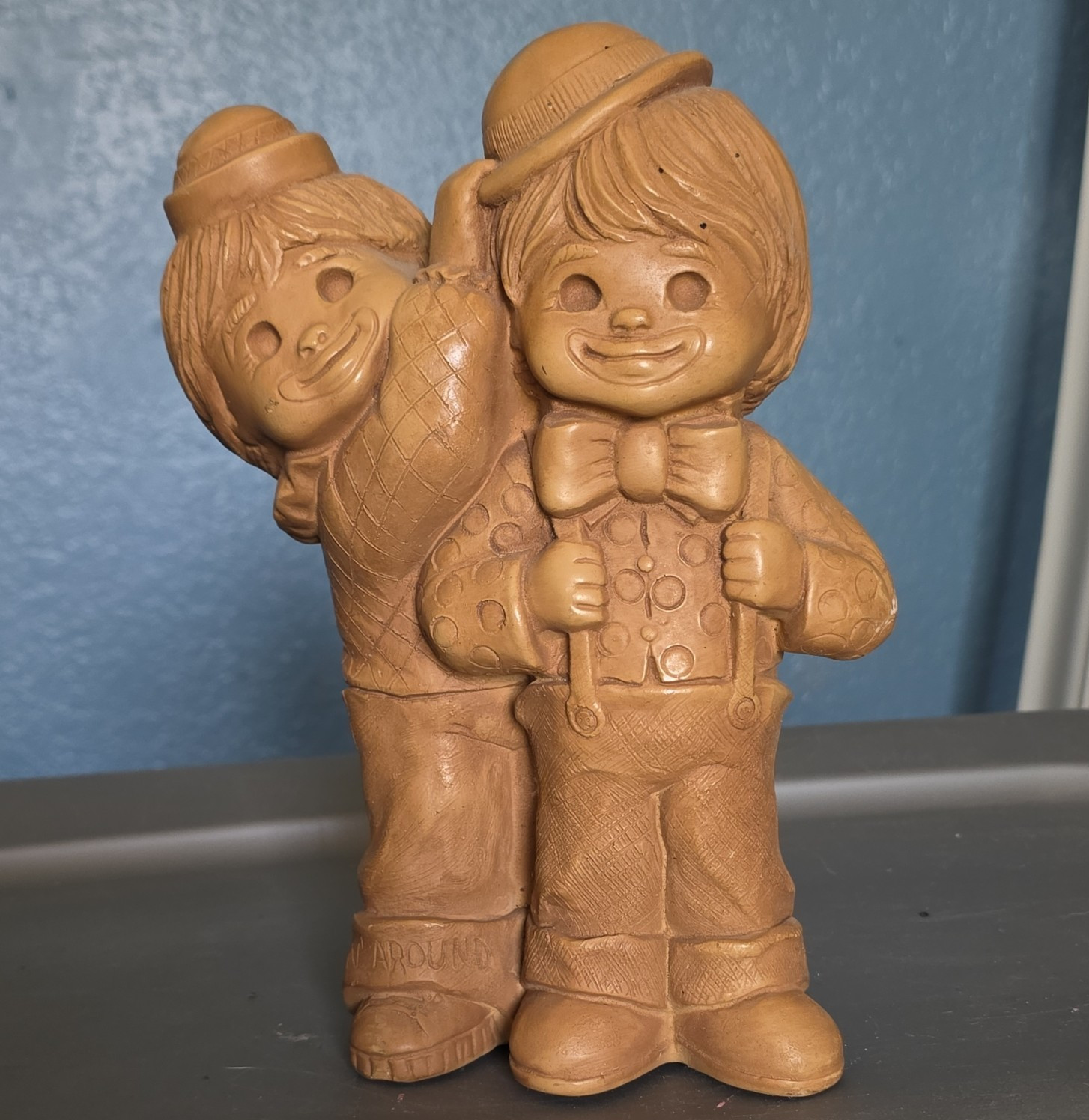Brown Clay Clown Figurine, Two Smiling Clowns, 3D Effect Matte, Unboxed