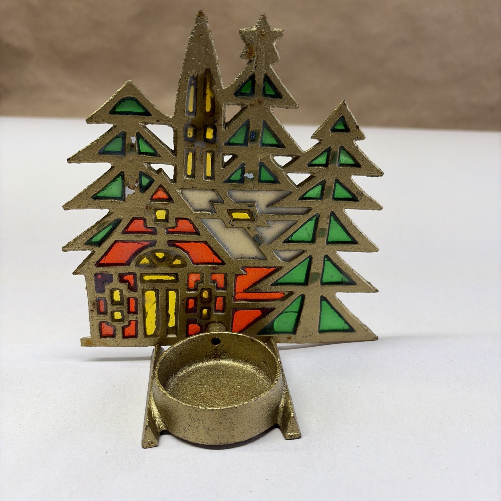 Vintage Christmas Tealight Candle Holder Church Trees Stained Glass Style Decor