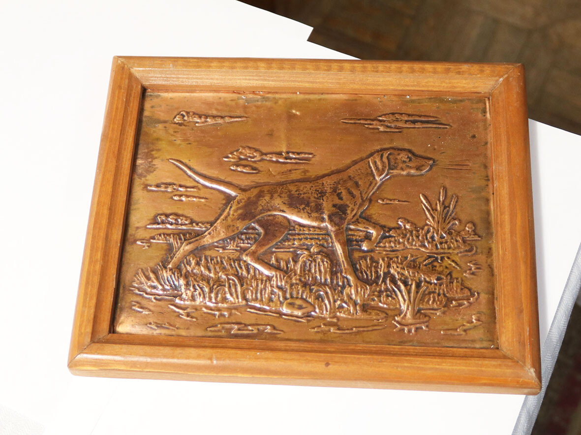 Embossed Pressed Copper Dog Wall Hanging of Pointer Framed 7 3/4 x 5 3/4 Inches