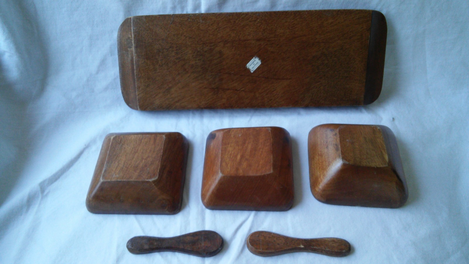 VINTAGE HANDCRAFTED TRAY PLATTER PHILLIPINES TWO SPOONS THREE DISHES HANDMADE