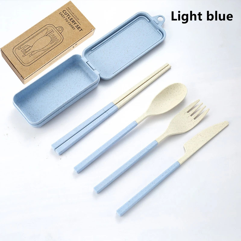 4Pcs Portable Tableware Set Wheat Straw Dinnerware Detachable Cutlery Travel