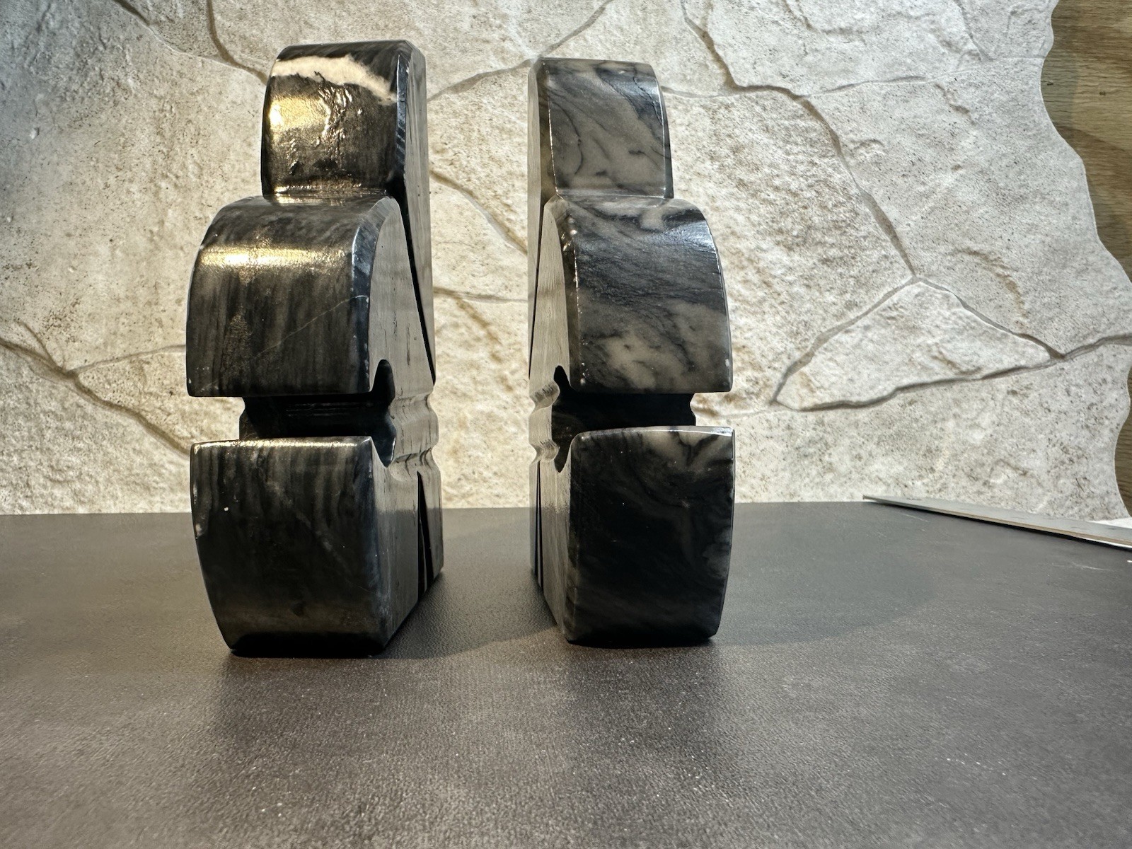 Marble Abstract Black and White Bookends Pair 6″ Asymmetrical Decorative Art