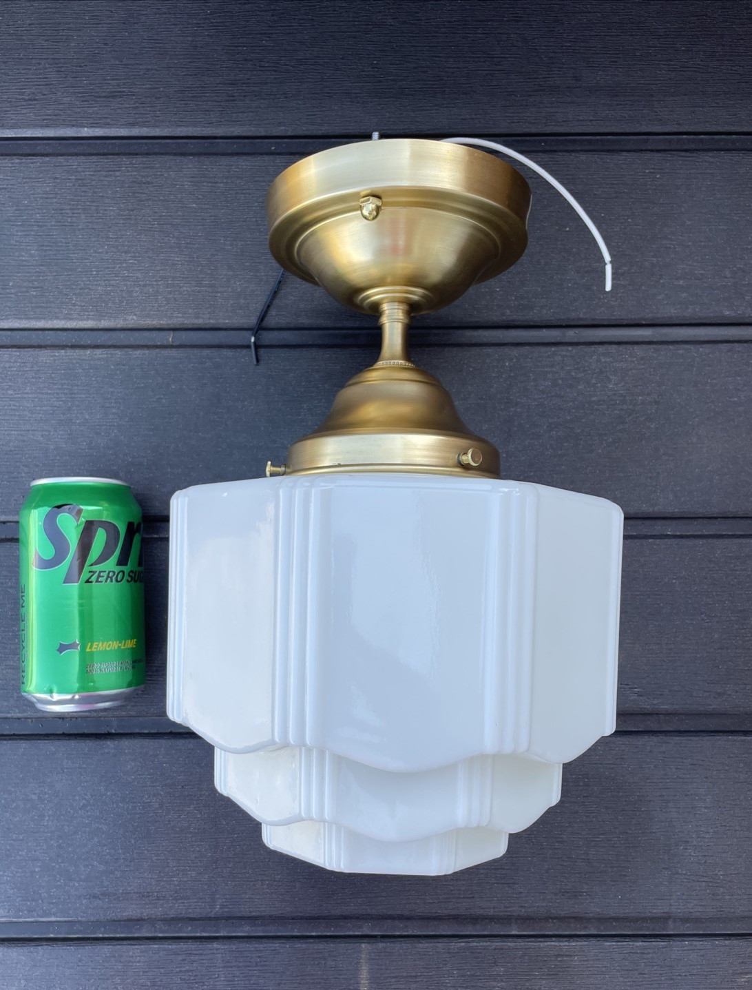 RESTORED Antique Vtg Art Deco Ceiling Light Skyscraper Schoolhouse Milk Glass 8″