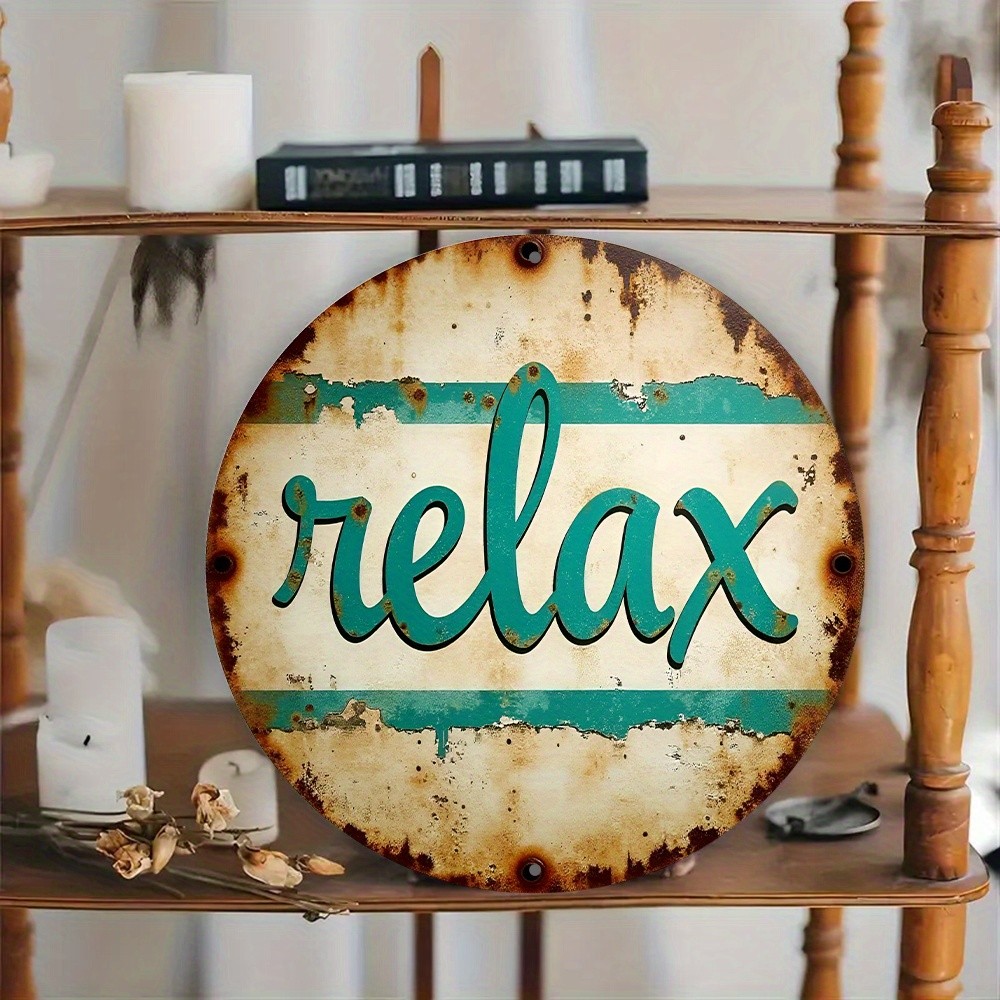 Tin Metal Signs Home Décor Wall Art 8×8 Inch Relax Rustic Teal & White with Text