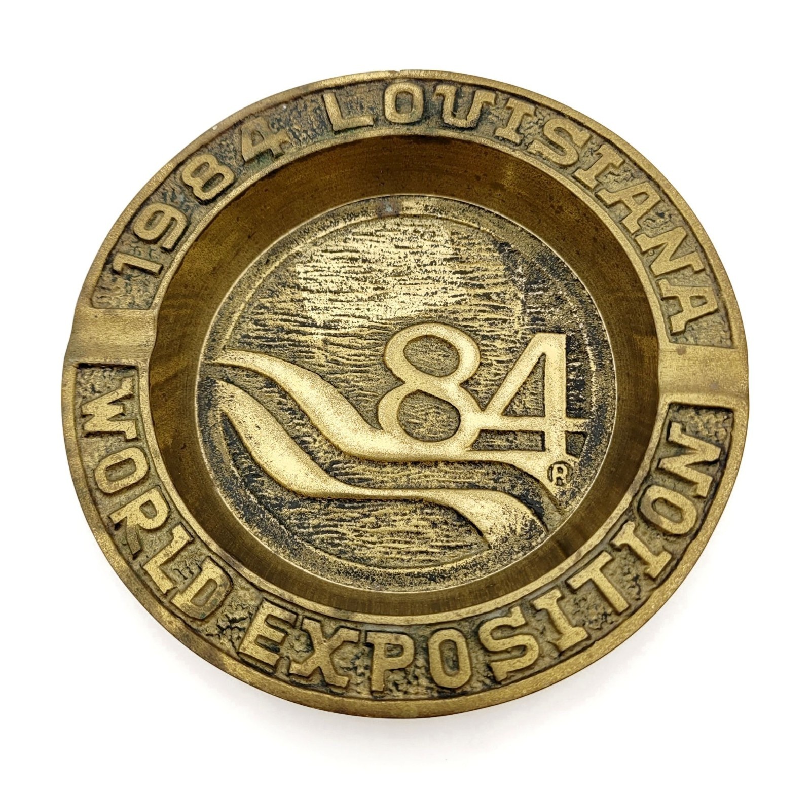 Vintage 1984 Louisiana World Exposition Round Brass Ashtray 4.75″