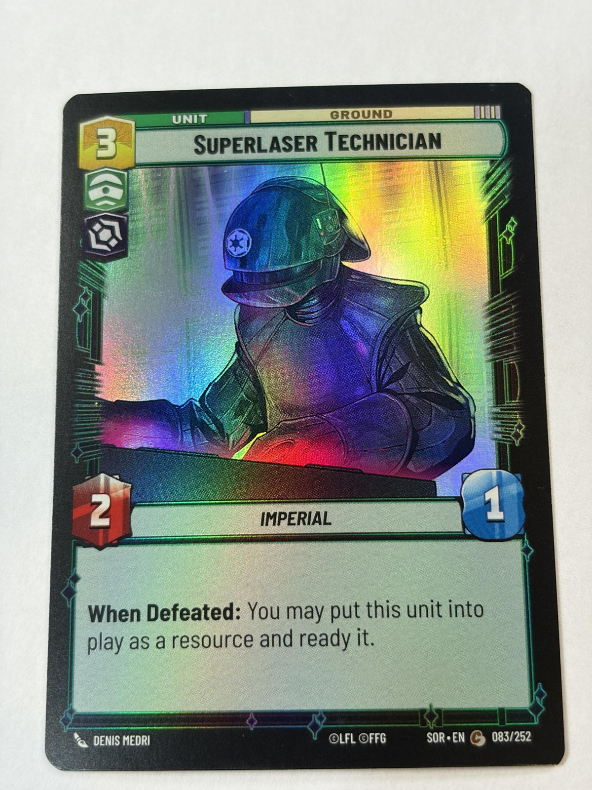 Star Wars Fantasy Flight Games Superlaser Technician Ian Hologram SWU 083/252 NM