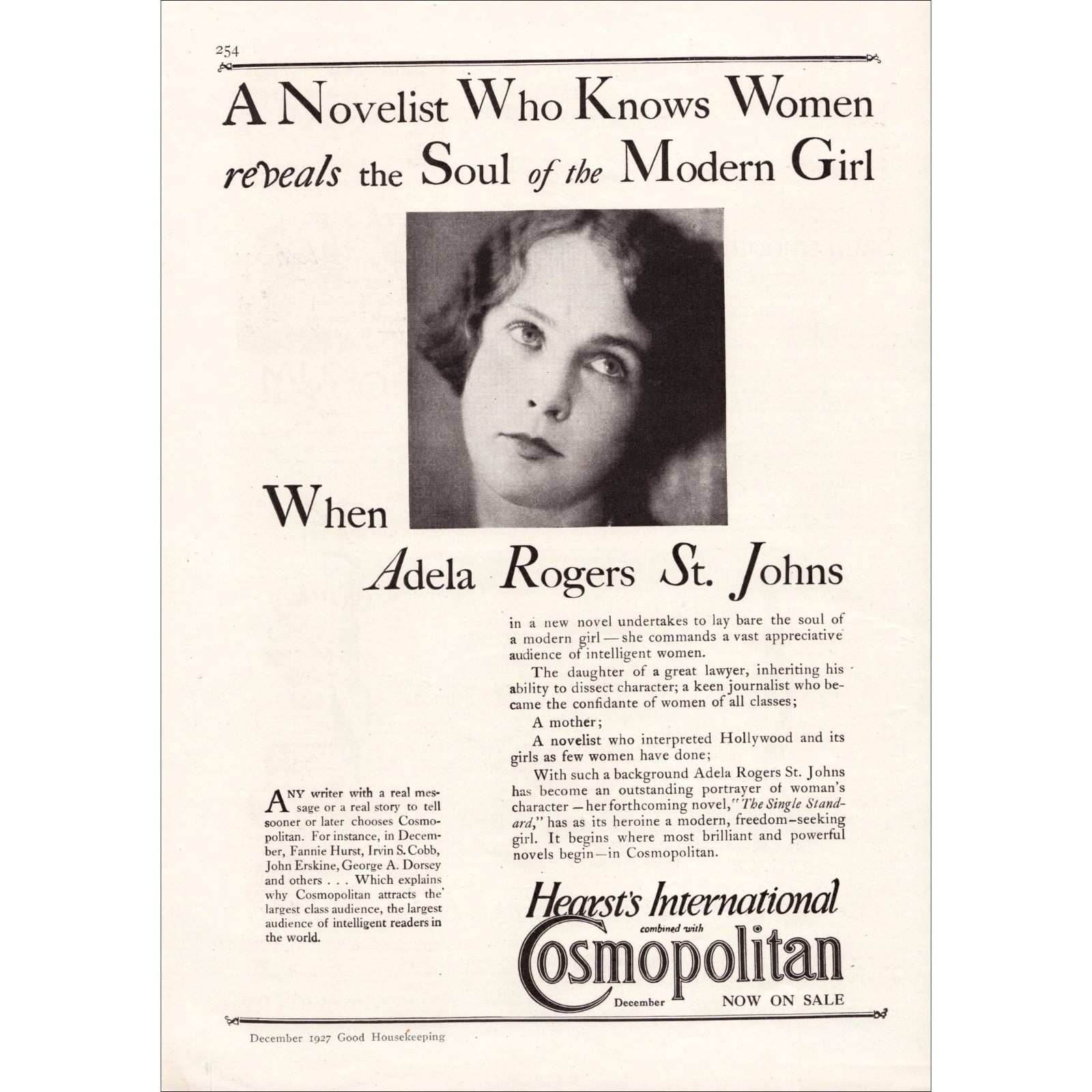1927 Cosmopolitan Magazine Adela Rogers St. Johns Original Vintage Print Ad