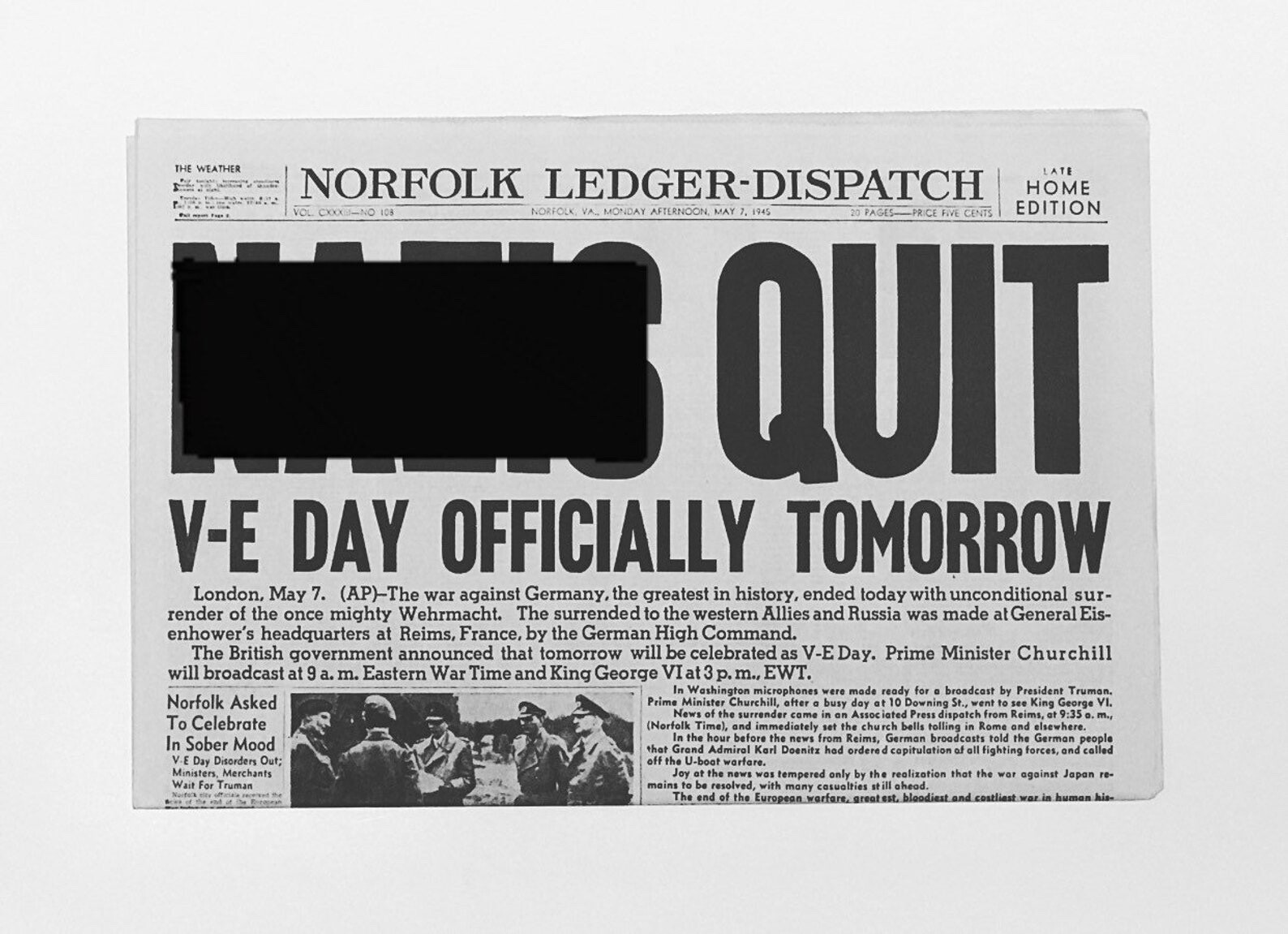 NEWSPAPER REPRINT – 1945 – World War II – Germany Surrenders – N****s Quit