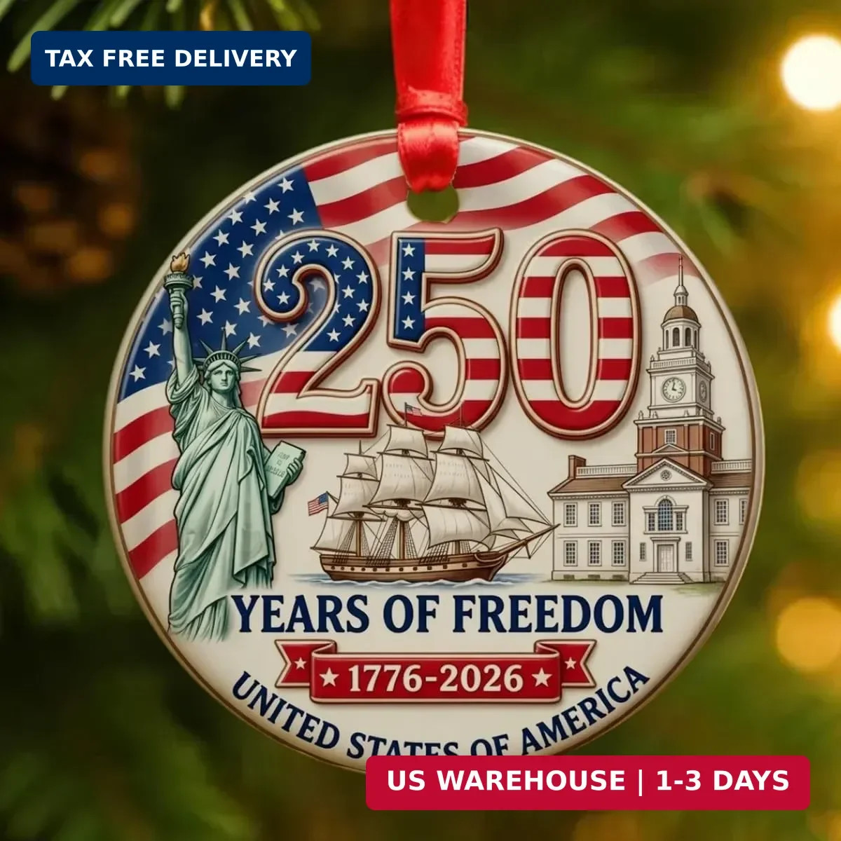 250th Anniversary USA Ornament for 4th of July Decorations, 250 Years of Freedom