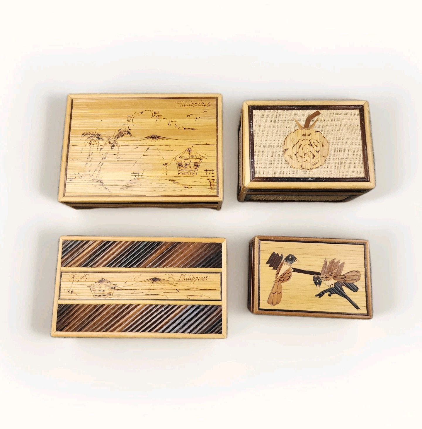 VTG Lot MCM Folk Art Trinket Jewelry Boxes Hand Crafted Felt Lined Nesting Wood