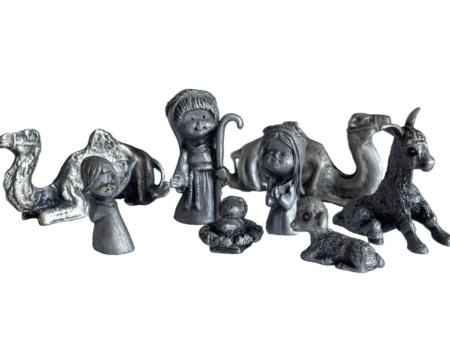 Vintage Mini Pewter Nativity Set 8 Pc Mary Joseph Jesus Camel Donkey Lamb