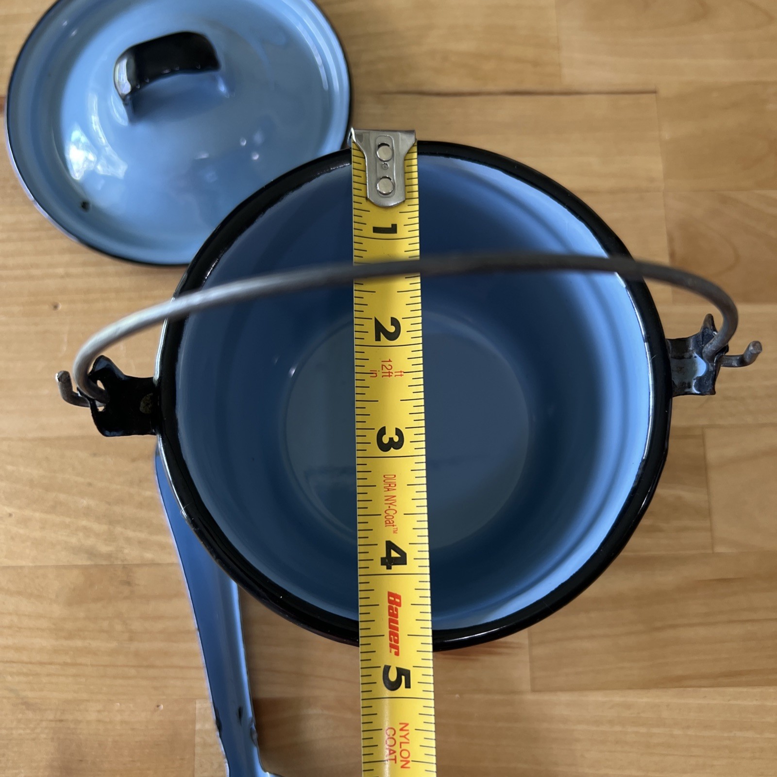 Vintage Cinsa Robins Egg Blue Enamelware Pot with Lid Spoon Berry Basket 4 1/2”
