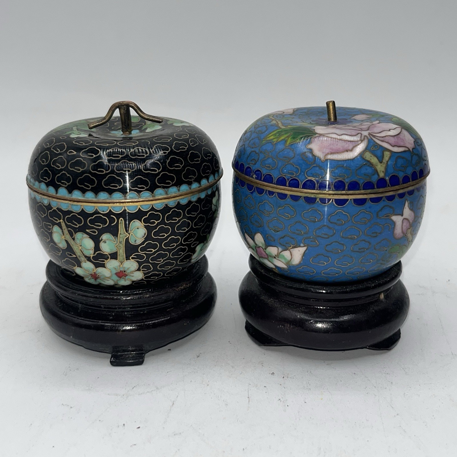 2 Small Apple Shape Cloisonné Trinket Box’s With Wood Base Stand Blue Black