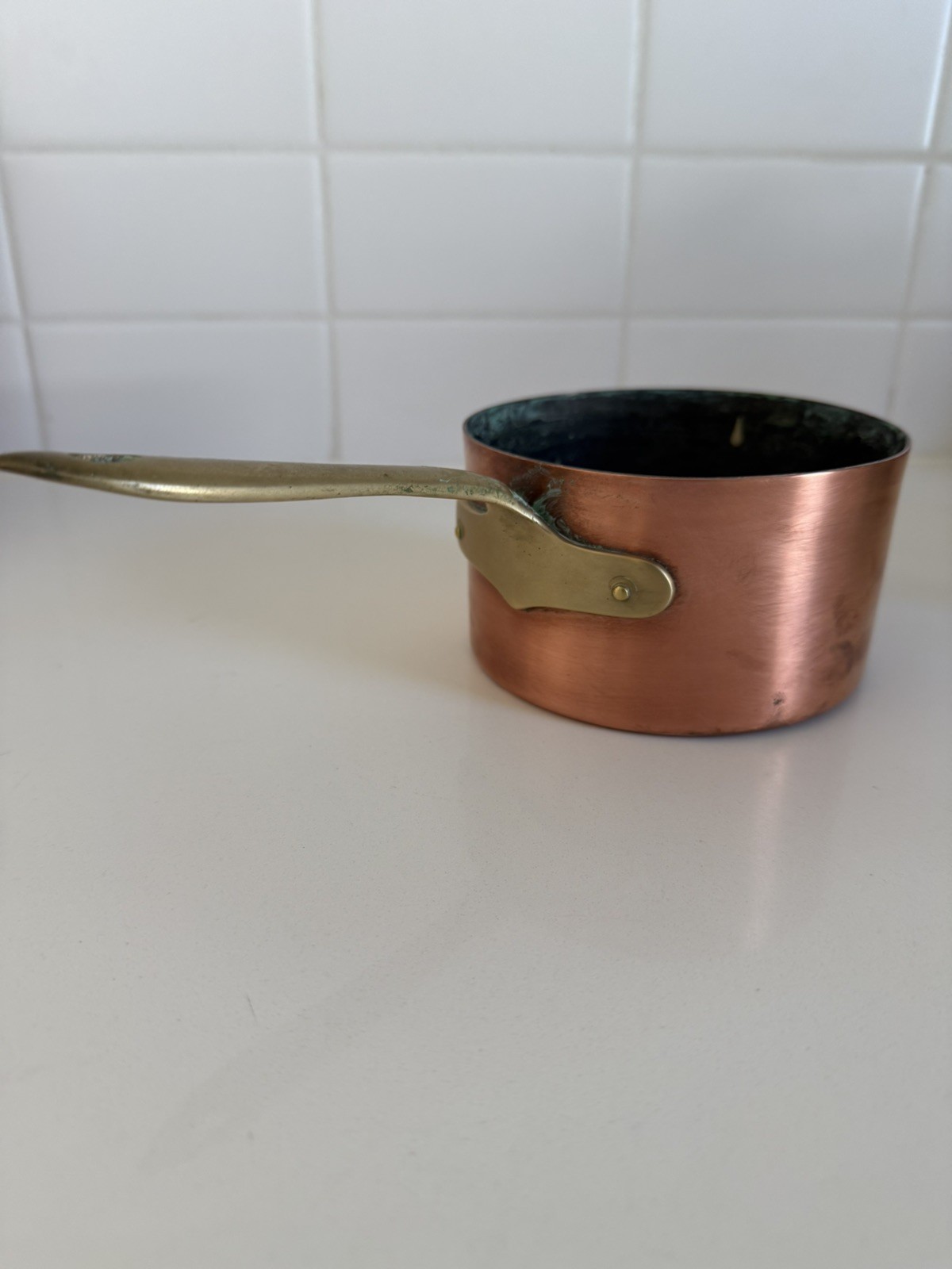 Vintage Solid Copper Pot sauce pan 4.75” Diameter, Brass Handle Italy