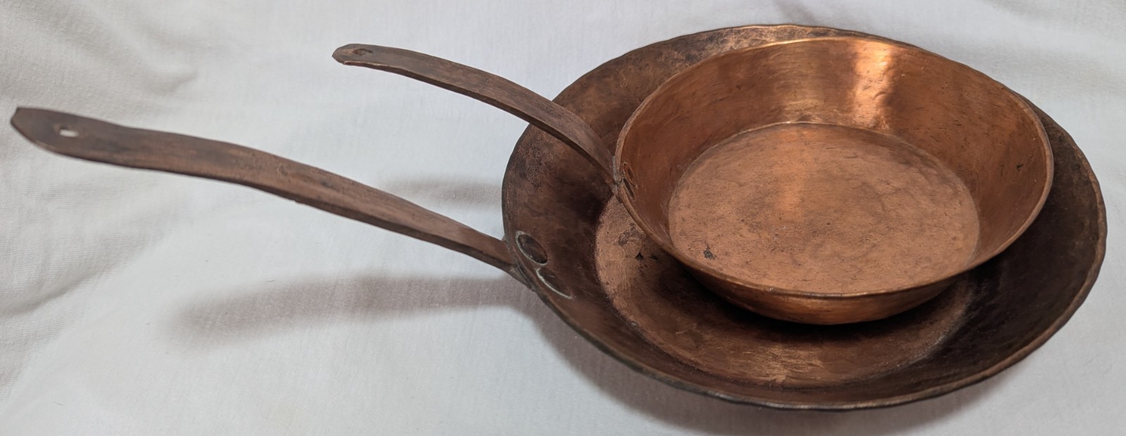 Two Primitive Hand Forged Hammered Solid Copper Fry Pans Riveted Handles