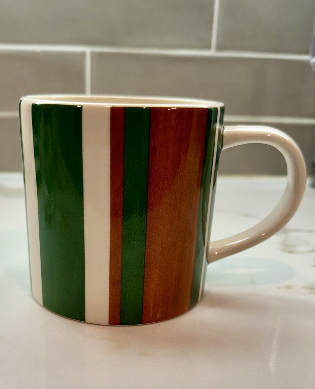 2006 Starbucks Mug White Green Brown Striped Coffee Cup 16oz