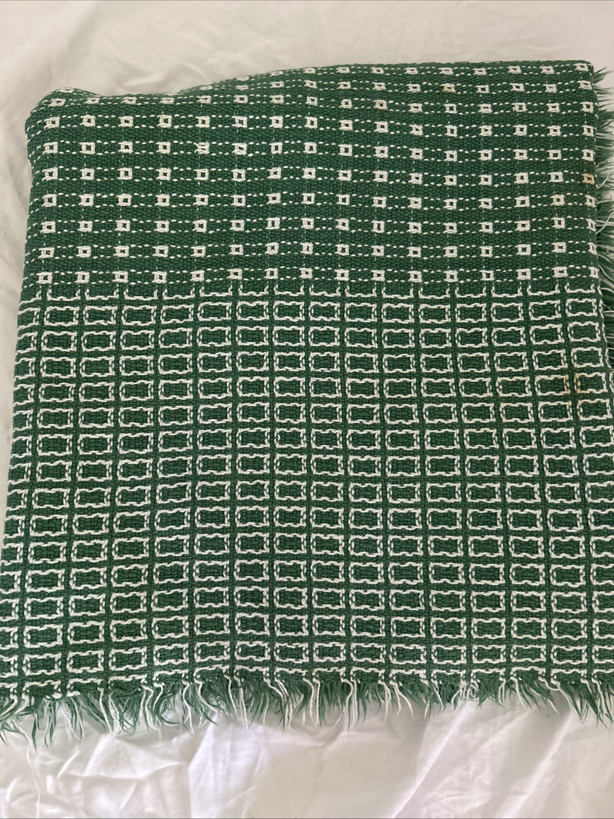 Vintage Tablecloth Appalachian Homespun Emerald Green white Woven fringed MCM
