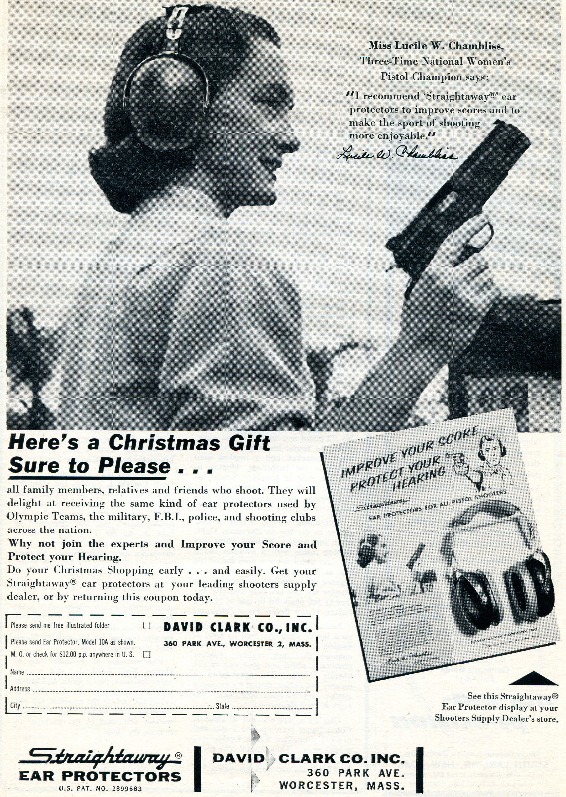 1962 Print Ad of David Clark Co Straightaway Ear Protector w Lucile W Chambliss