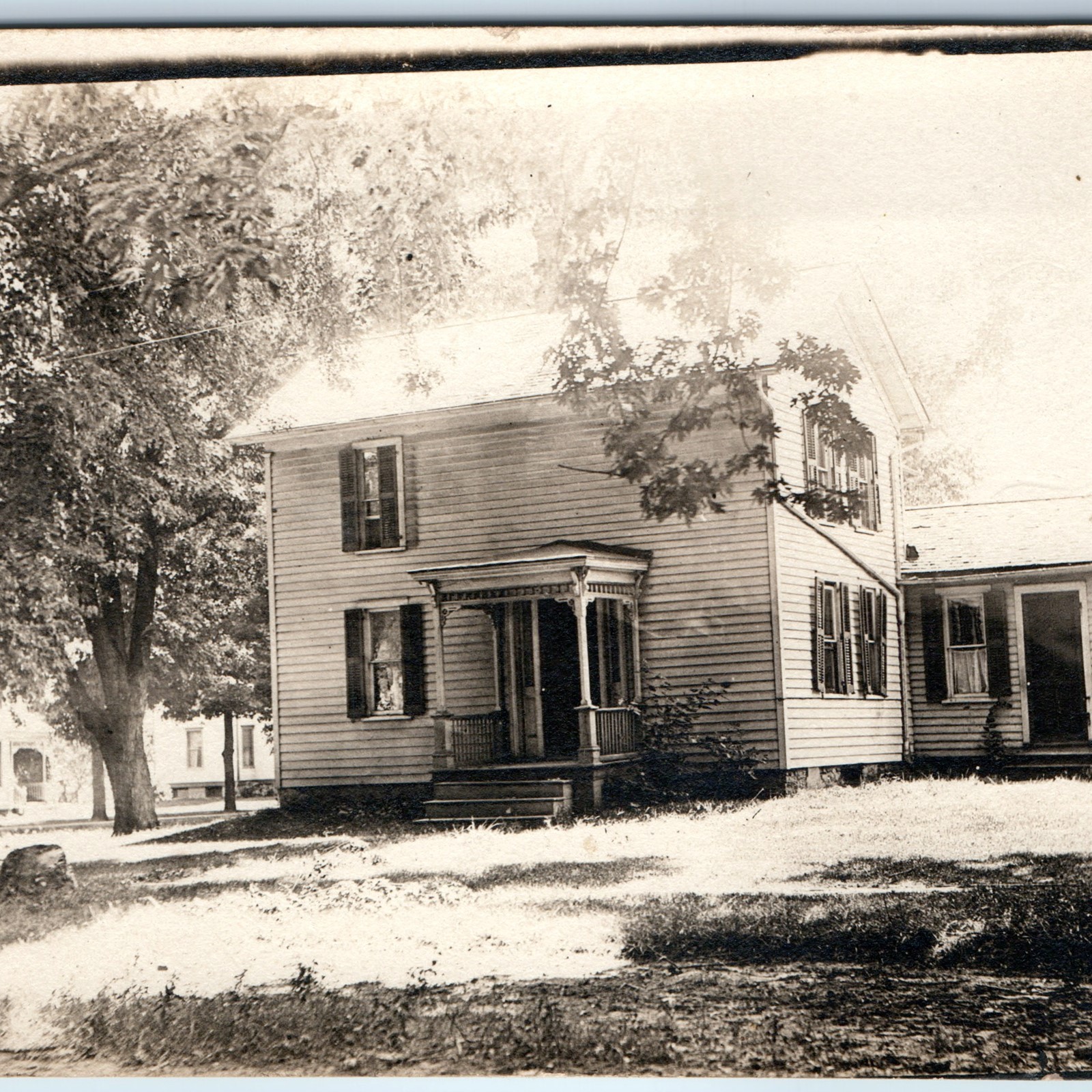c1910s Two Story Clapboard House Lawn Porch RPPC Real Photo Postcard