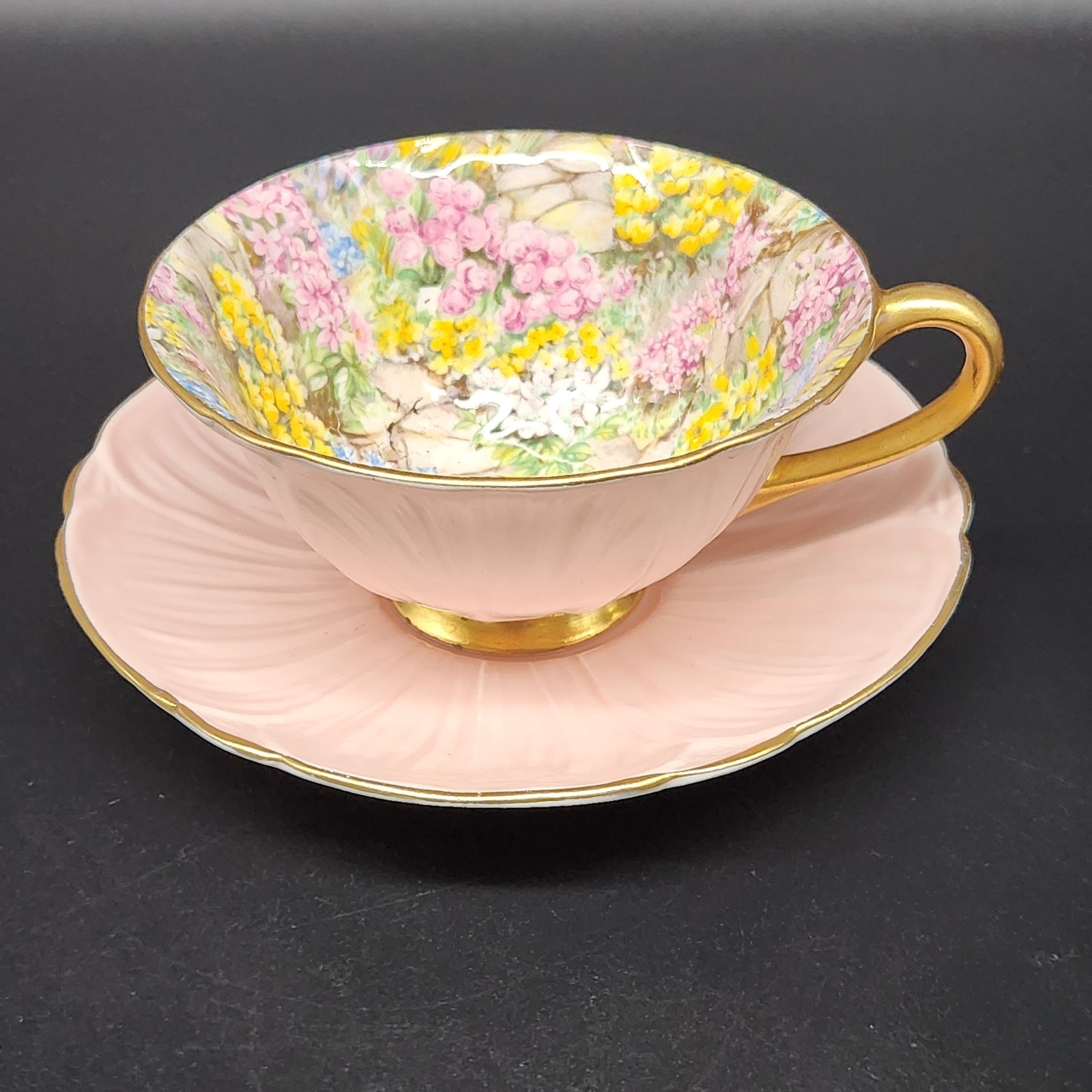 Vtg Shelley Bone China Rock Garden Chintz Teacup & Saucer Oleander Shape Pink