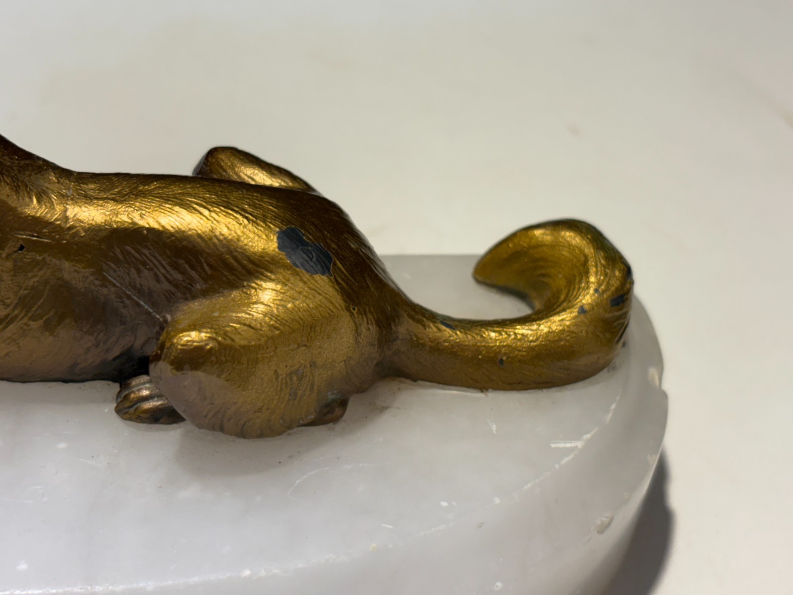 Brass VTG Dog on White Alabaster Marble Stone Mid Century-8×4.5×2.75-2.6 lbs