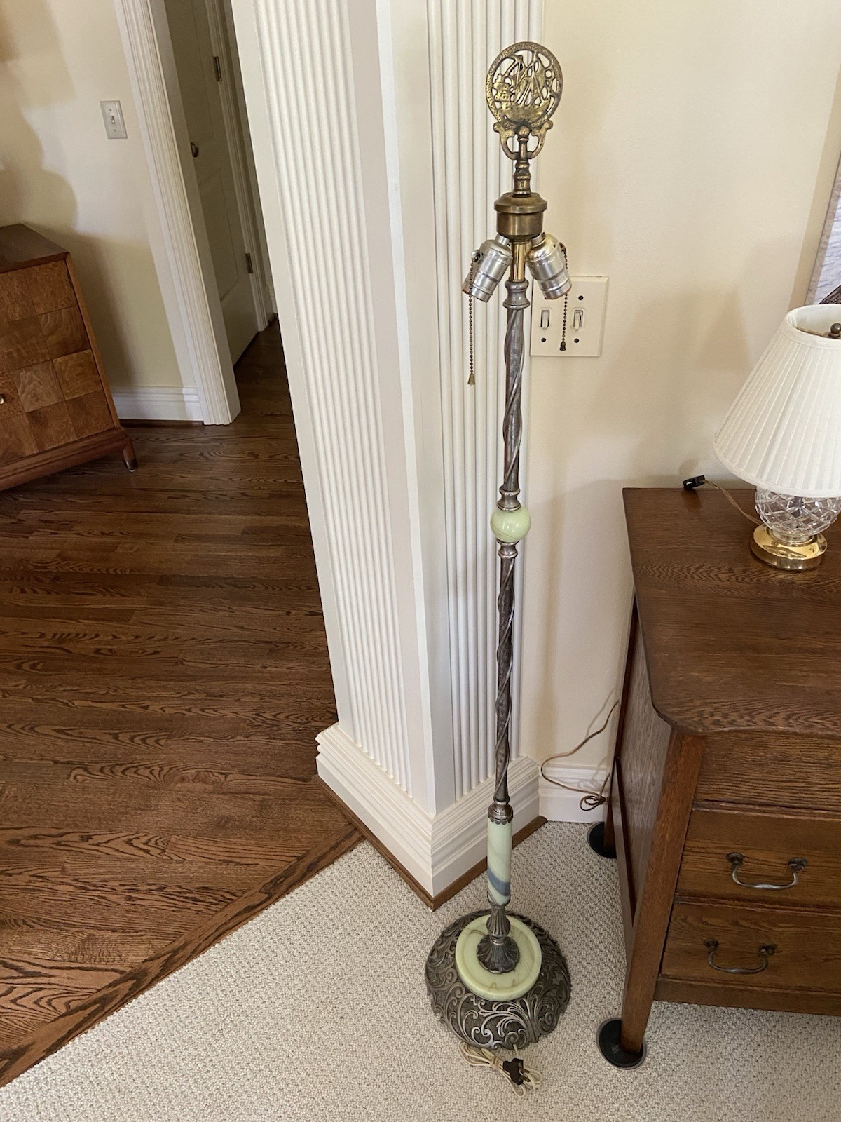 Vintage Uranium Glass Floor Lamp Nickel Colored Finish 3 Pieces Of Glass READ