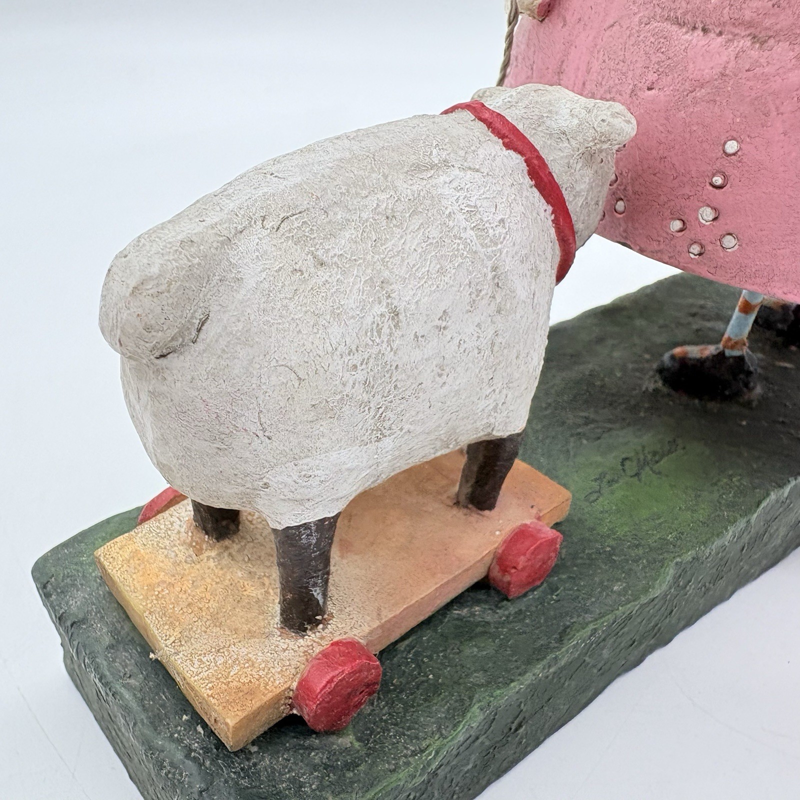 Lori Mitchell Girl Bo Peep Costume Sheep Pull Toy 10.5″ Figurine Folk Art Signed
