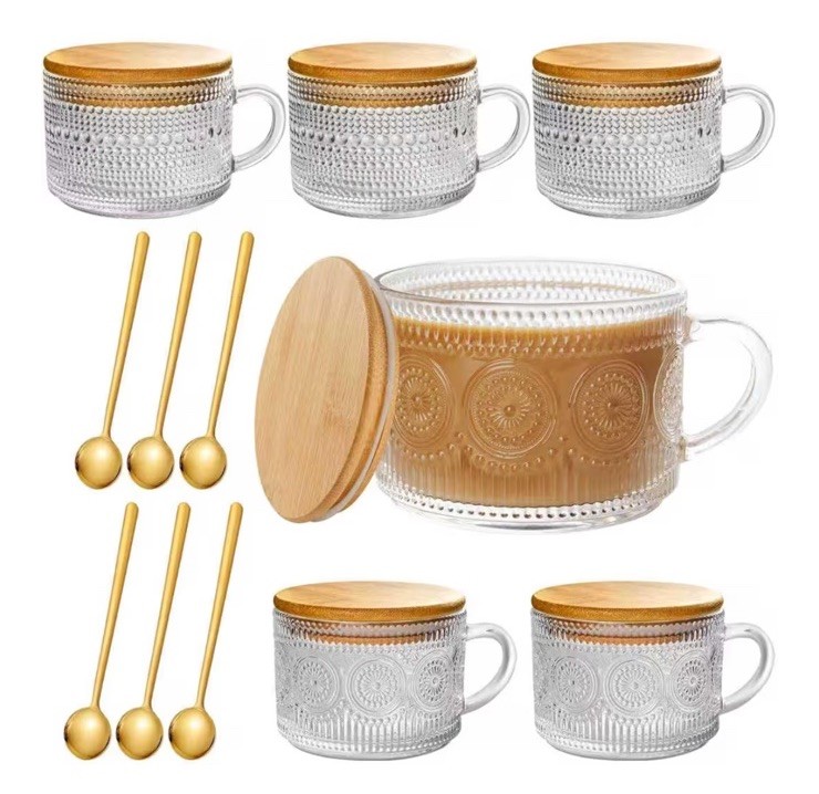 6-pc Vintage 14oz Glass Coffee Mugs Embossed Tea Cup Set Bamboo Lids w/ 6 Spoons