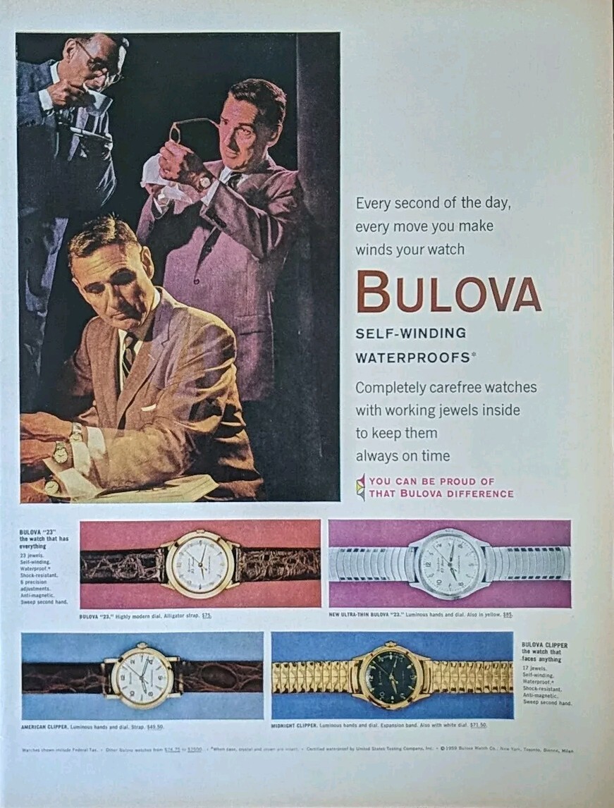 1959 Vintage Self-winding Waterproof Bulova Watch Print Ad.