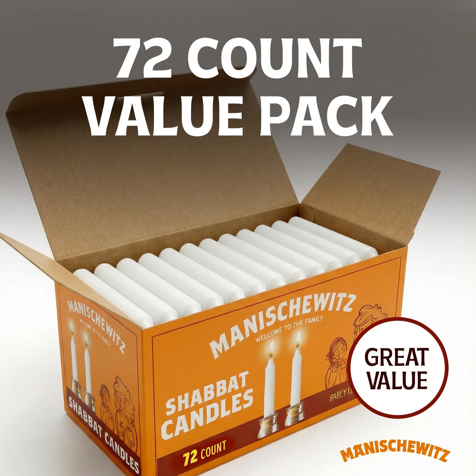 Manischewitz Shabbat Candles 72 Count | Burns for 3 Hours, Standard, White