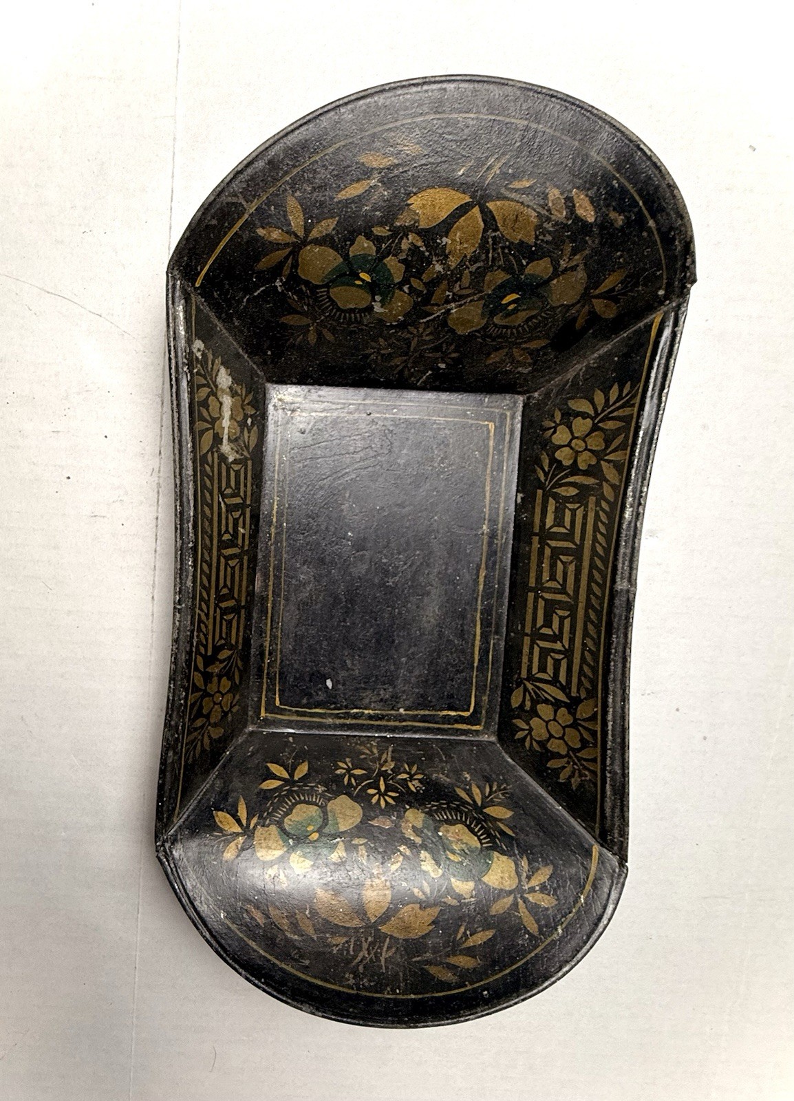 ANTIQUE Toleware Rectangle Black Gold Tin TRAY Hand Painted Floral 19th Century