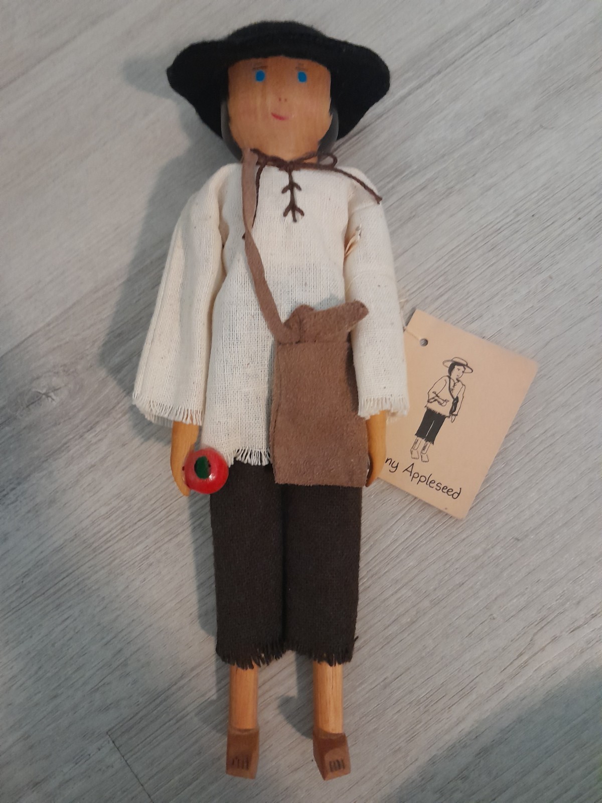 1983 11″ Johnny Appleseed Wooden Folk Art Doll by Dolls by Louise-Tag Attached