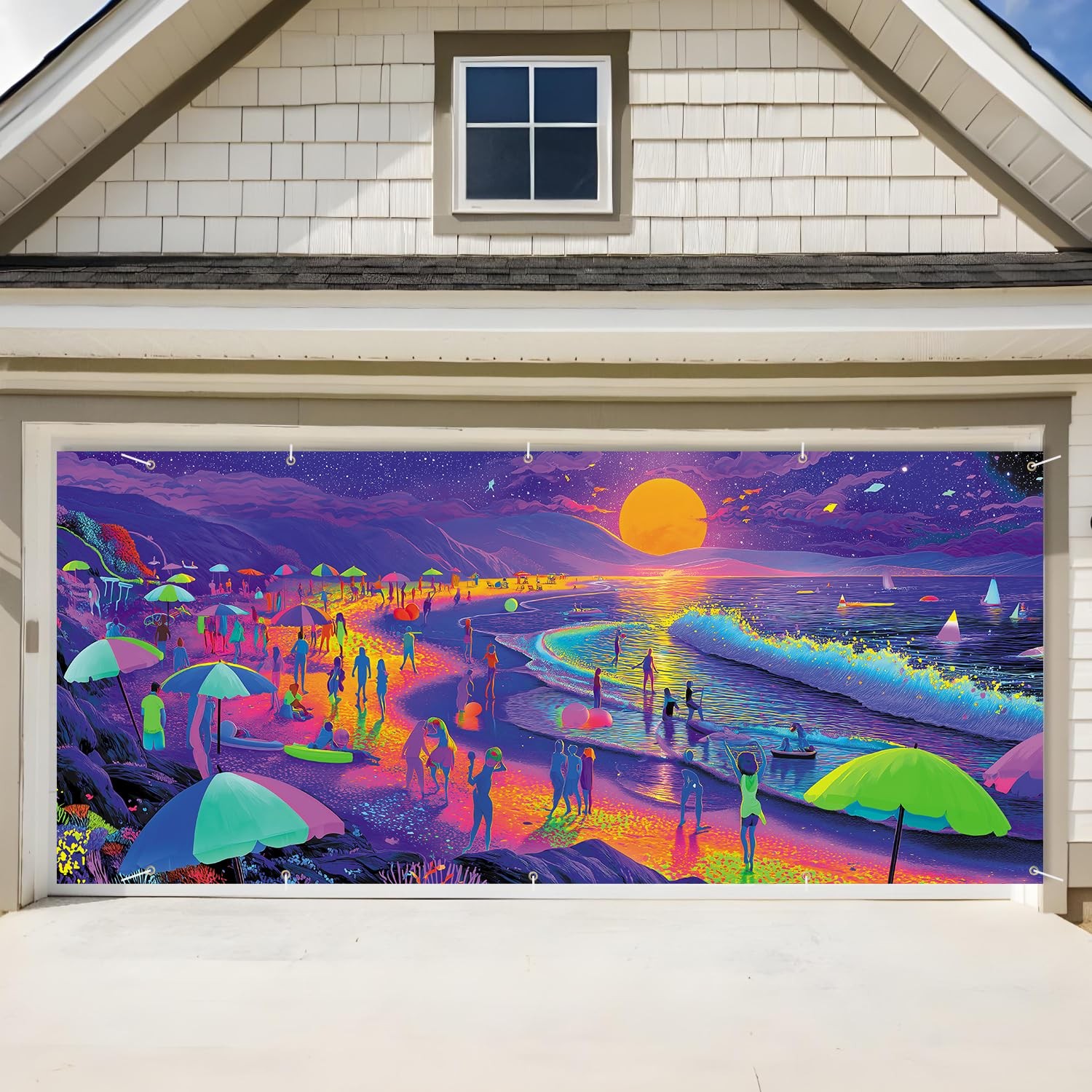 Summer Garage Door Banner 7x16FT, Beach Garage Door Cover with Sunset Ocean W…
