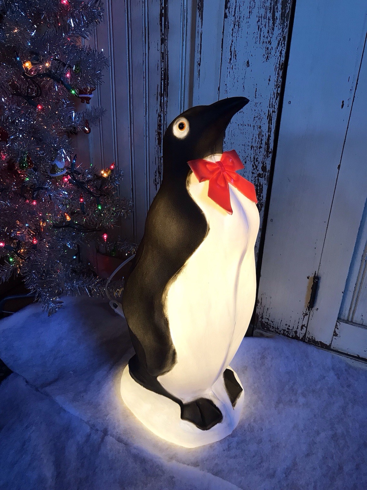 Blow Mold Penguin With Red Bow Lighted With LED Light Bulb Union Products 22”