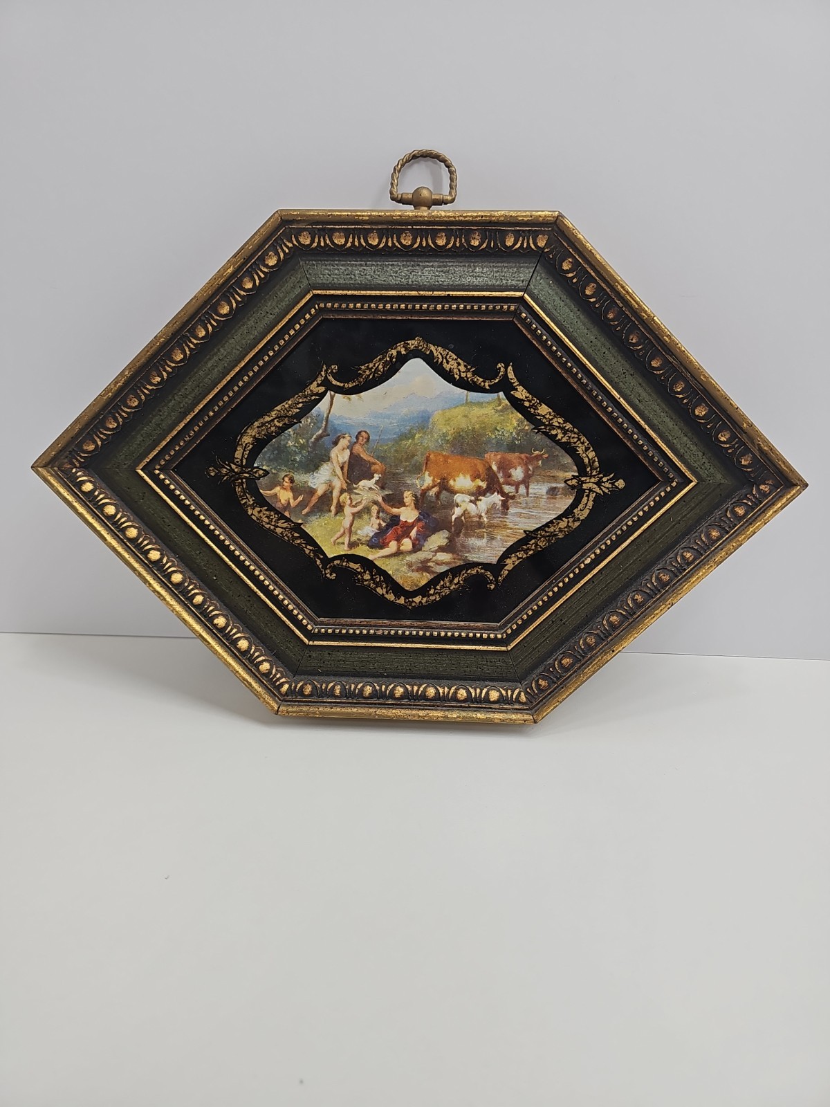 Vintage Victorian County Side Art,with Ornate Gold Gilting Hexagonal Frame