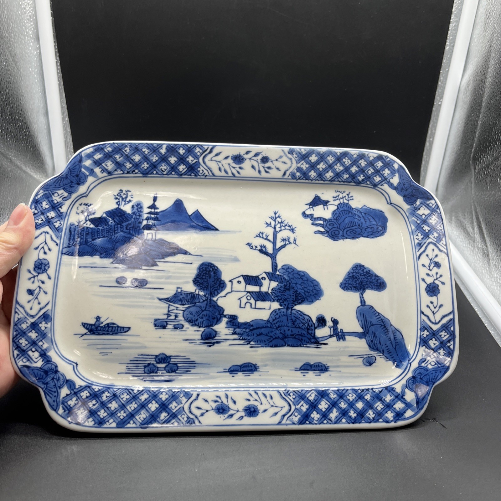 Vintage Chinese Blue & White Canton Rectangle Porcelain Tray Chinoiserie Plate