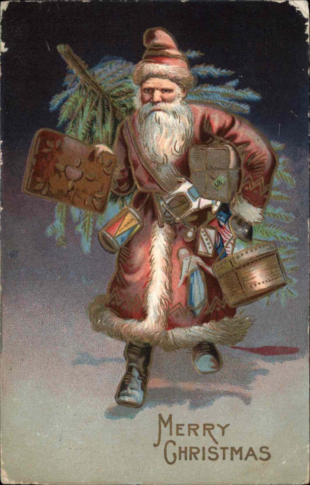 Christmas Santa Claus Presents Hat Box Drum Gilt Embossed c1900s-10s Postcard