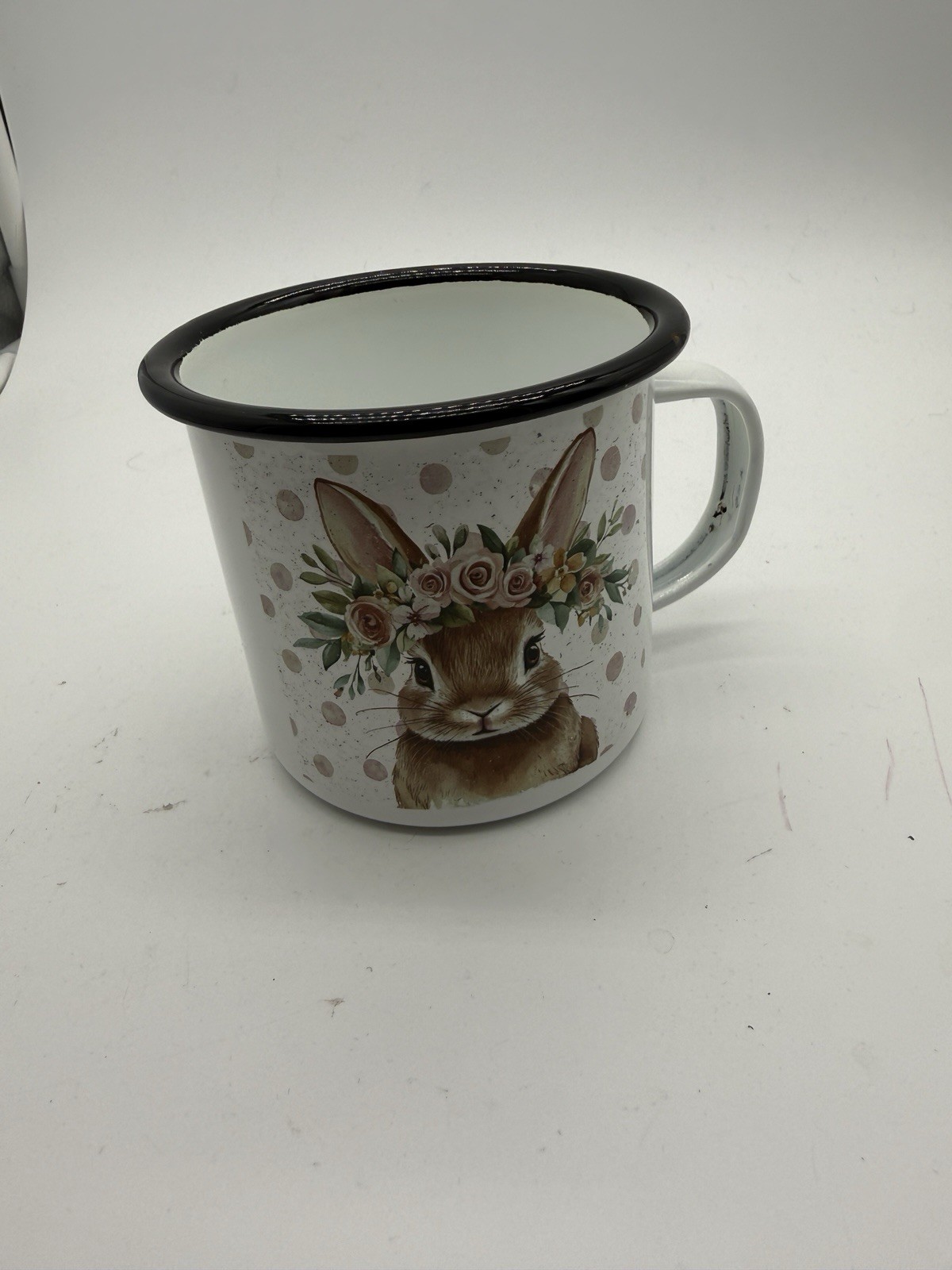 White Enamelware Cup Rabbit Bunny
