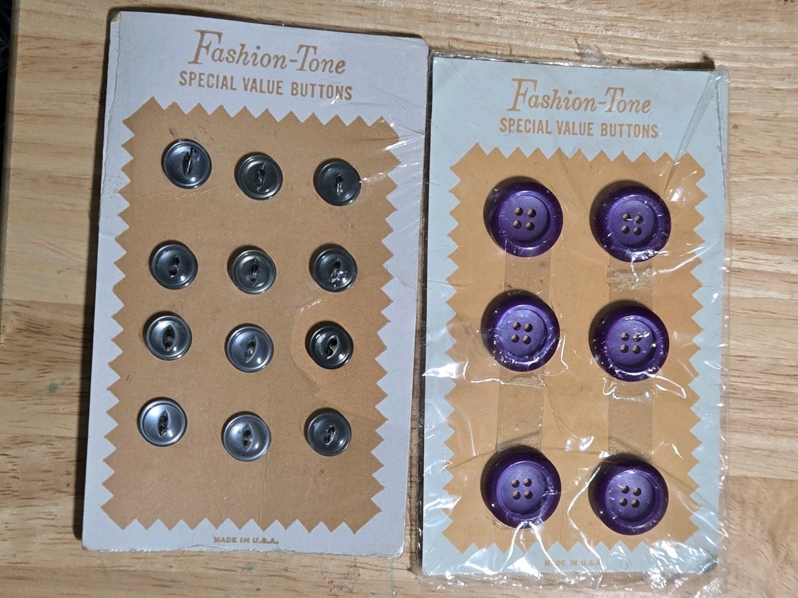 Vtg Fashion Tone Button Cards Lot of 2 Grey Purple Plastic Retro 1960s NOS