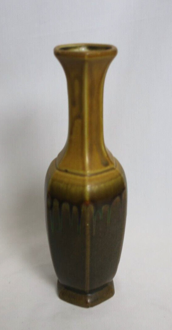 Brown and Gold Clay Vase Drip Pottery Vintage Bud Vase 9.5 Inches Made Japan MCM