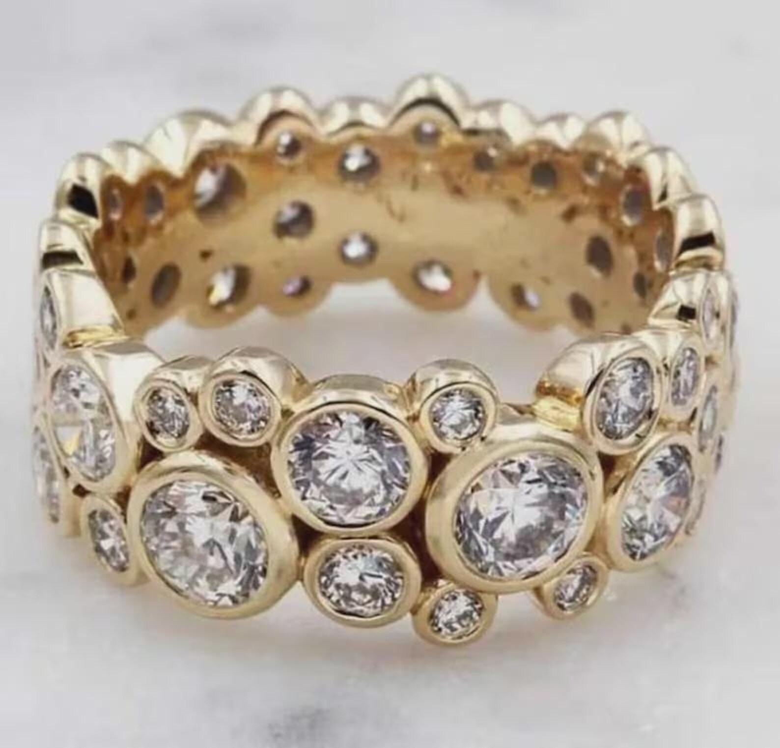 14K Yellow Gold Over Scattered Bezel Diamond Wide Eternity Bubble Band Ring 5-12
