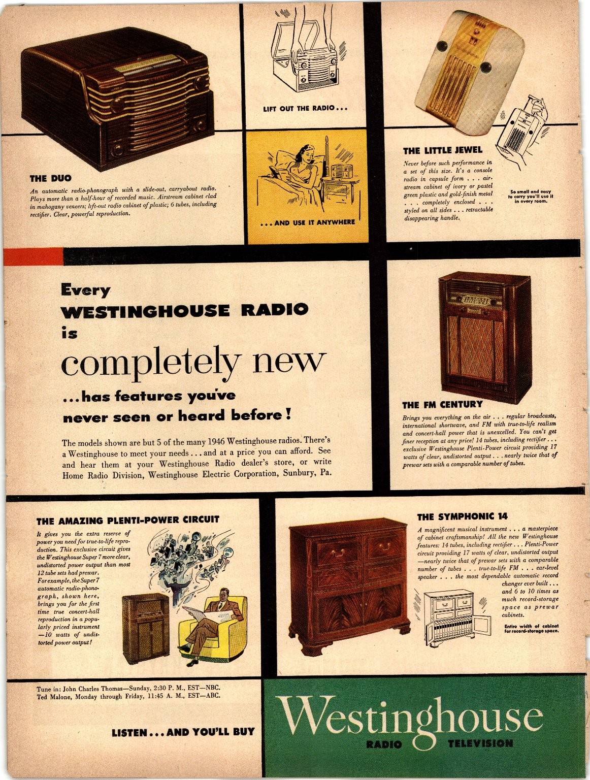 Westinghouse 1946 Radio Ad Original Print Phonograph TV Plenti-Power AD115