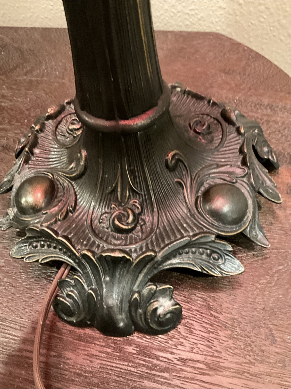 Vintage Victorian Art Nouveau Style Cast Metal Table Lamp Red Fringe Shade