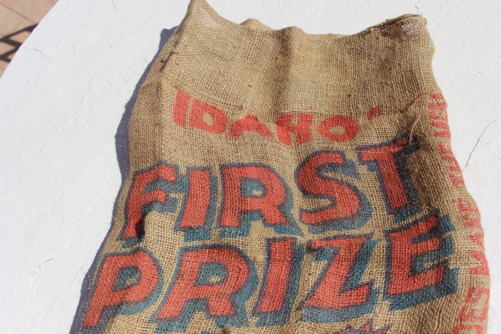Vintage FIRST PRZE IDAHO Potato Burlap Bag 100 Gunny Sack Rare Antique