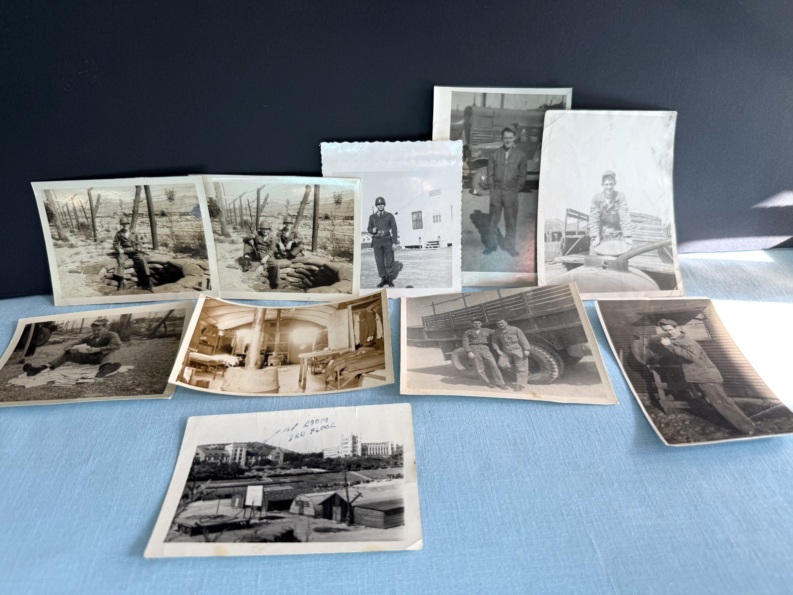 10 KOREAN WAR USAF TAEGU PHOTOS TRUCKS, SANDBAGS, QUONSET HUT 5th COMMMUNICAT